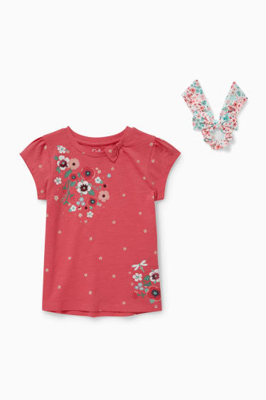 Dzieci - Komplet - koszulka z krótkim rękawem i gumka do włosów owijka - 2 części - różowy