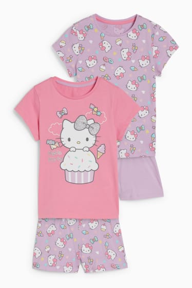 Bambine - Confezione da 2 - Hello Kitty - pigiama con pantaloni corti - 4 pezzi - fucsia