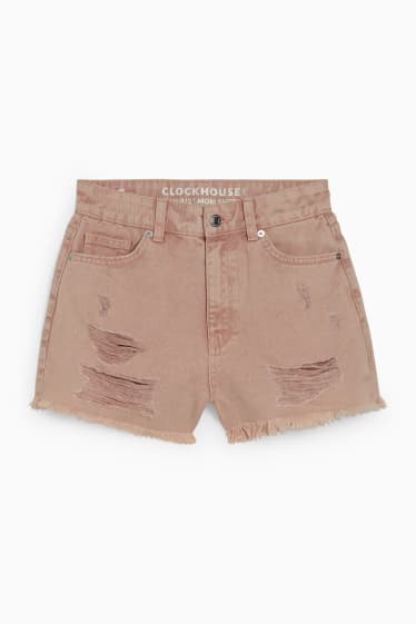 Dames - CLOCKHOUSE - korte spijkerbroek - high waist - lichtbruin
