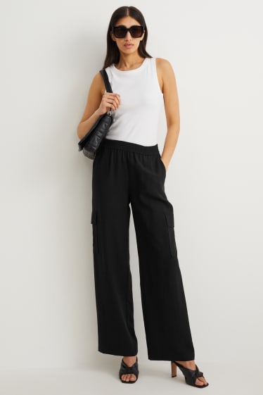 Femmes - Pantalon en toile - high waist - palazzo - noir