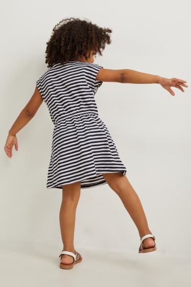 Children Girls - Dress - striped - dark blue / creme white