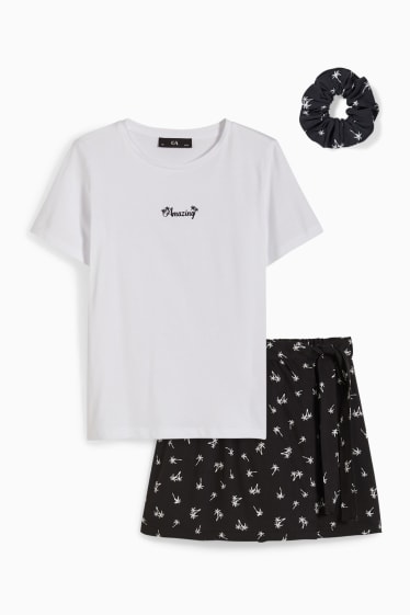 Kinderen: meisjes - Set - T-shirt, rok en scrunchie - 3-delig - wit