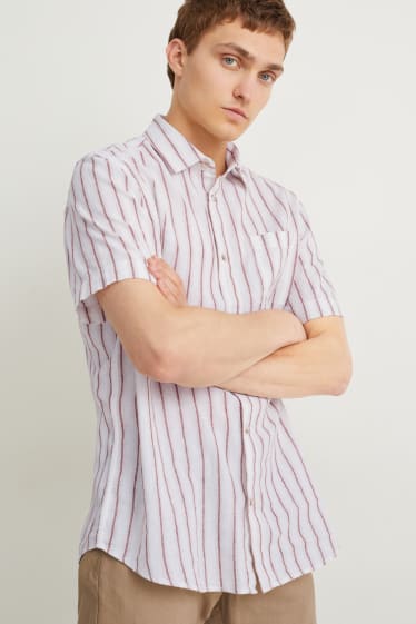 Home - Camisa - regular fit - coll kent - mescla de lli - de ratlles - blanc trencat