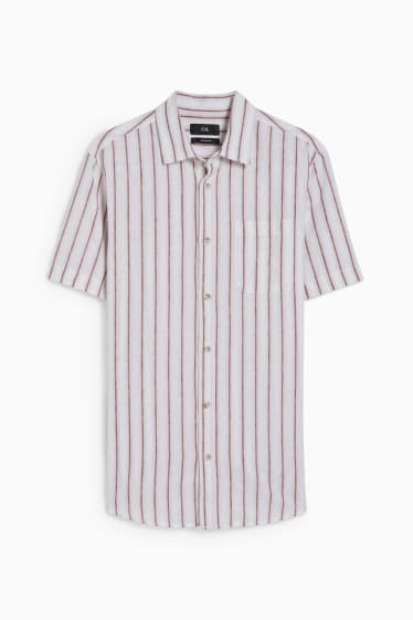 Home - Camisa - regular fit - coll kent - mescla de lli - de ratlles - blanc trencat