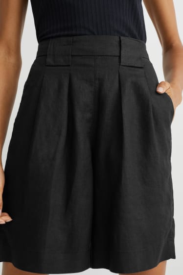 Donna - Shorts in lino - vita alta - nero