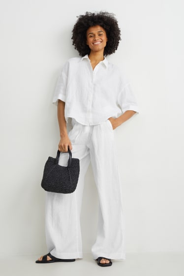 Damen - Leinenhose - High Waist - Wide Leg - weiß