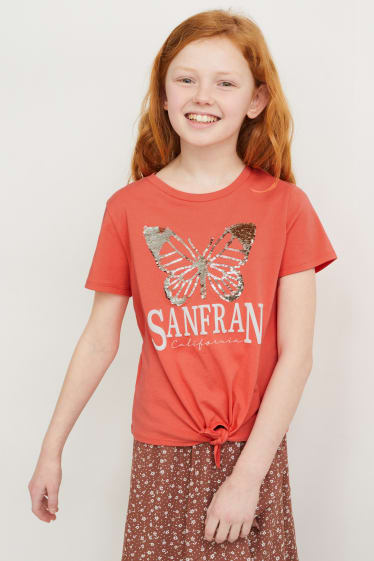 Kinder Mädchen - Kurzarmshirt mit Knotendetail - Glanz-Effekt - coral