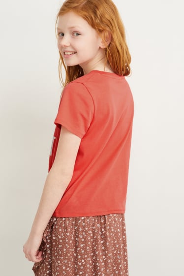 Kinder Mädchen - Kurzarmshirt mit Knotendetail - Glanz-Effekt - coral