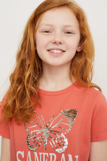 Kinder Mädchen - Kurzarmshirt mit Knotendetail - Glanz-Effekt - coral