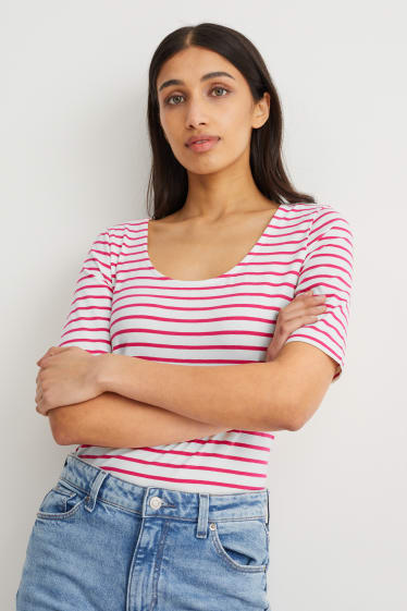 Femmes - T-shirt - à rayures - blanc / rose