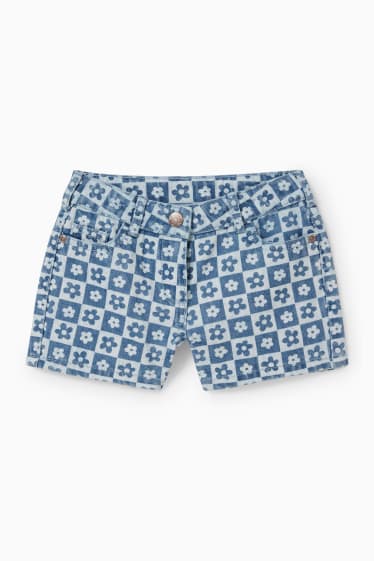 Dětské - Džínové šortky - s květinovým vzorem - modrá