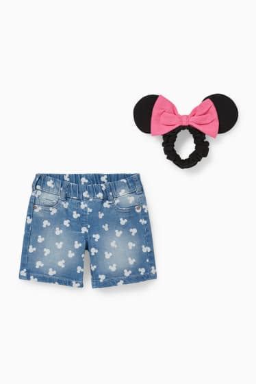 Kinderen - Minnie Mouse - set - korte spijkerbroek en scrunchie - 2-delig - jeanslichtblauw