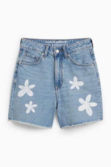 Donna - CLOCKHOUSE - shorts di jeans - vita alta - a fiori - jeans azzurro