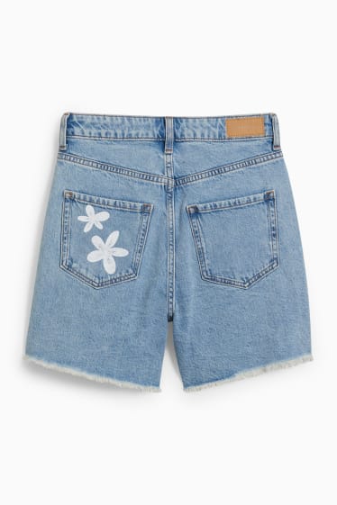 Dámské - CLOCKHOUSE - džínové šortky - high waist - s květinovým vzorem - džíny - světle modré
