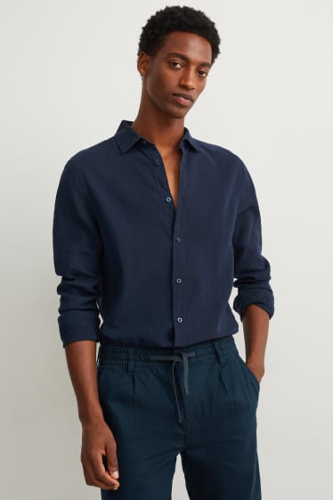 Men - Shirt - regular fit - kent collar - linen blend - dark blue