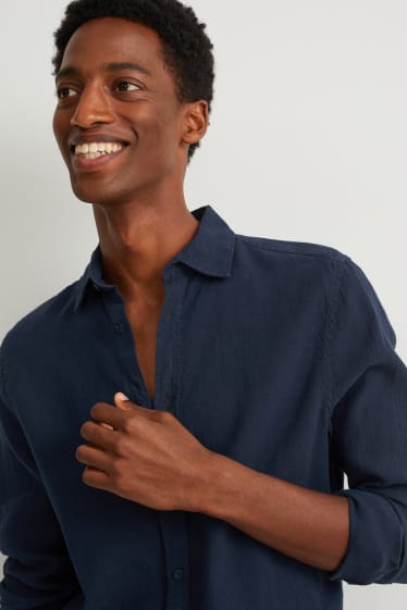 Men - Shirt - regular fit - kent collar - linen blend - dark blue