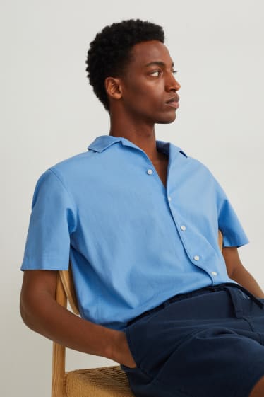 Home - Camisa - regular fit - coll solapa - mescla de lli - blau