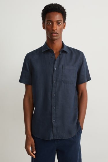 Home - Camisa de lli - regular fit - coll kent - blau fosc