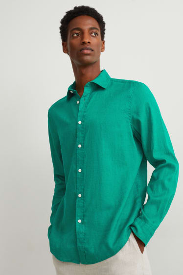 Hommes - Chemise - regular fit - col Kent - lin mélangé - vert