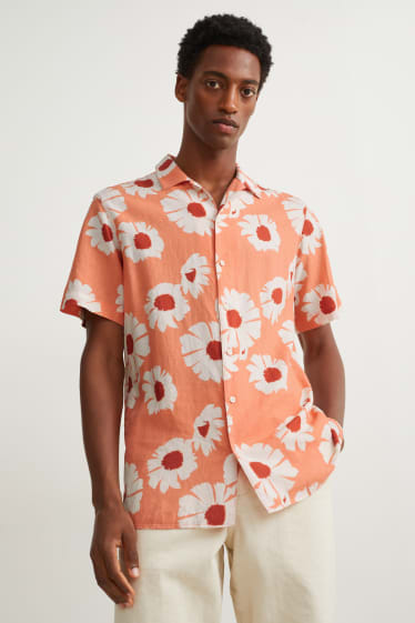 Hommes - Chemise - regular fit - col à revers - lin mélangé - blanc / orange