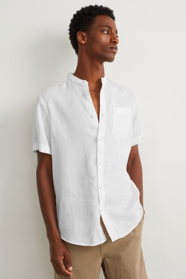 Men - Linen shirt - regular fit - band collar - white