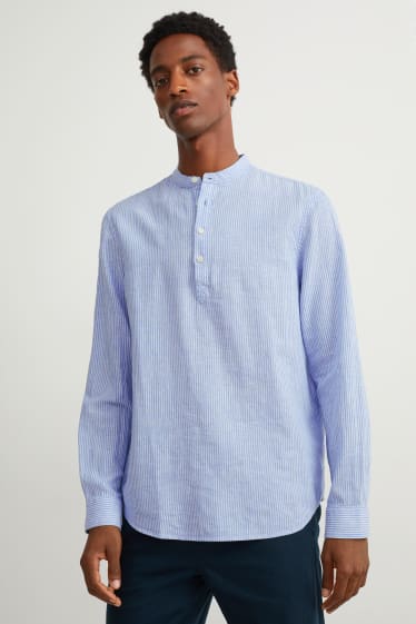 Hommes - Chemise - regular fit - encolure montante - lin mélangé - à rayures - bleu clair