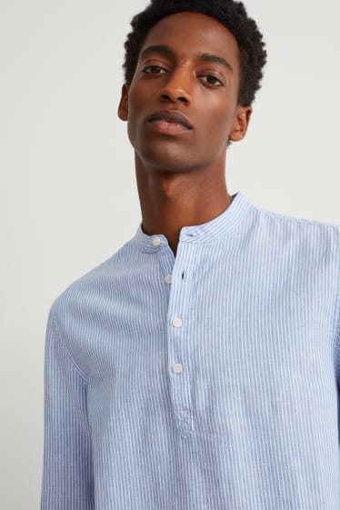 Men - Shirt - regular fit - band collar - linen blend - striped - light blue