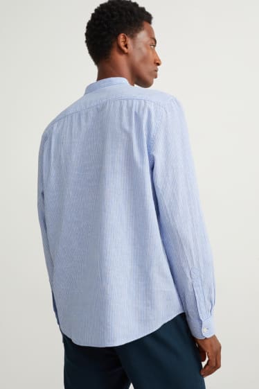 Pánské - Košile - regular fit - stojáček - lněná směs - pruhovaná - světle modrá