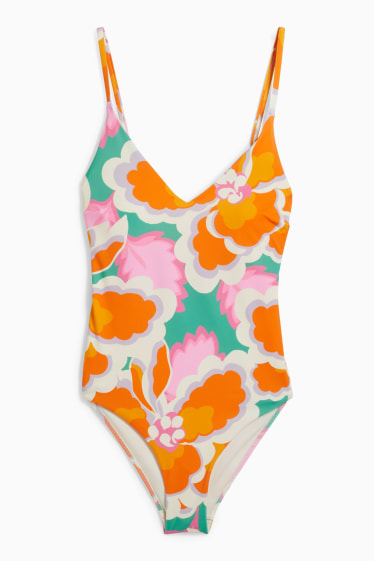 Dámské - Jednodílné dámské plavky - s vycpávkami - LYCRA® XTRA LIFE™ - s květinovým vzorem - oranžová