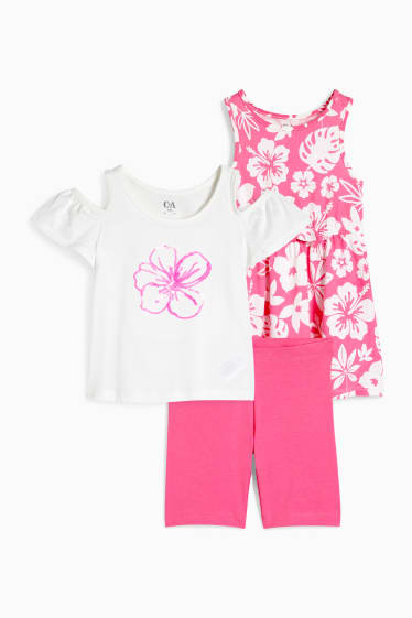 Children Girls - Set - short sleeve T-shirt, dress and cycling shorts - 3 piece - white / pink