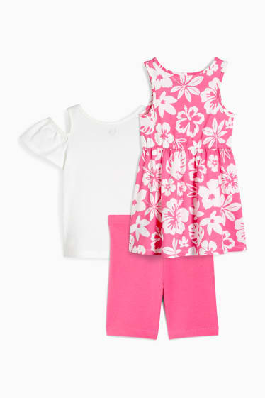 Children Girls - Set - short sleeve T-shirt, dress and cycling shorts - 3 piece - white / pink