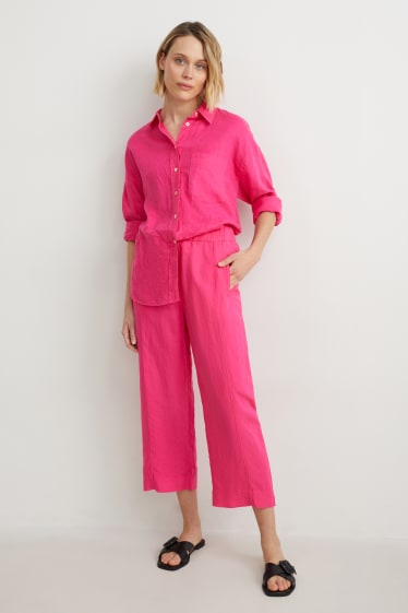 Femei - Pantaloni culotte - talie înaltă - wide leg - amestec de in - roz