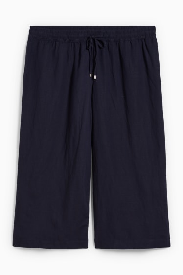 Kobiety - Spodnie - średni stan - szerokie nogawki - miks lniany - ciemnoniebieski
