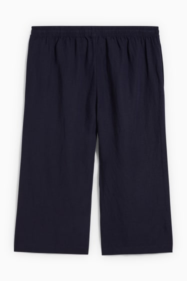 Kobiety - Spodnie - średni stan - szerokie nogawki - miks lniany - ciemnoniebieski