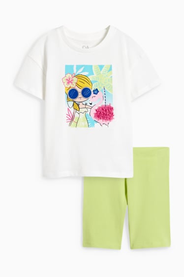 Kinderen: meisjes - Set - T-shirt en fietsbroek - 2-delig - crème wit