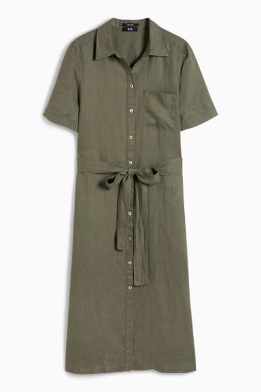 Mujer - Vestido camisero de lino - verde oscuro