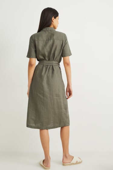 Mujer - Vestido camisero de lino - verde oscuro