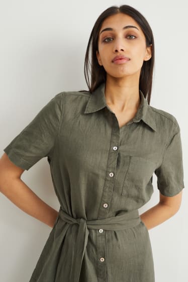 Mujer - Vestido camisero de lino - verde oscuro