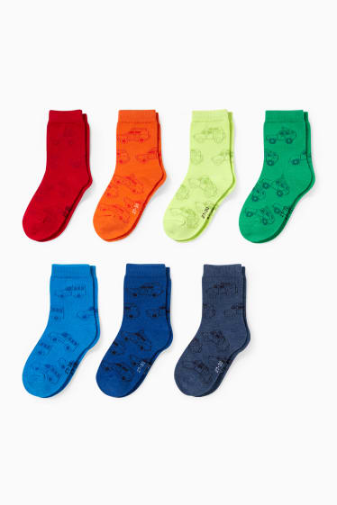 Enfants garçons - Lot de 7 paires - autos - chaussettes à motif - rouge
