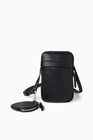 Kobiety - Zestaw - torebka na telefon i portfel - imitacja skóry - 2 części - czarny