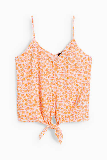 Kobiety - Top bluzkowy z supłem - w kwiatki - pomarańczowy