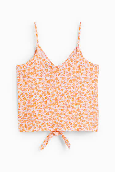 Donna - Top a blusa con nodo - a fiori - arancione