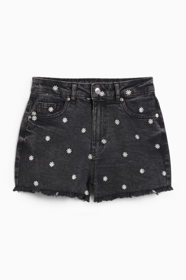 Dames - CLOCKHOUSE - korte spijkerbroek - high waist - gebloemd - jeansdonkergrijs