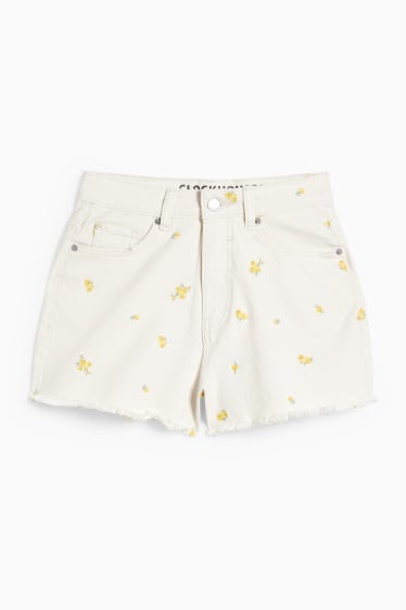 Teens & young adults - CLOCKHOUSE - denim shorts - high waist - floral - light beige