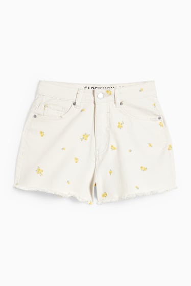 Dames - CLOCKHOUSE - korte spijkerbroek - high waist - gebloemd - licht beige