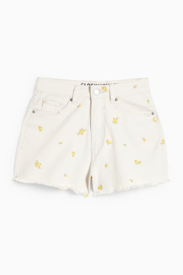 Ragazzi e giovani - CLOCKHOUSE - shorts di jeans - vita alta - a fiori - beige chiaro