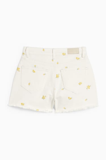 Dames - CLOCKHOUSE - korte spijkerbroek - high waist - gebloemd - licht beige