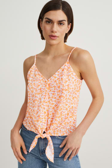 Donna - Top a blusa con nodo - a fiori - arancione