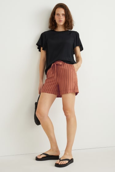 Women - Shorts - mid-rise waist - striped - brown