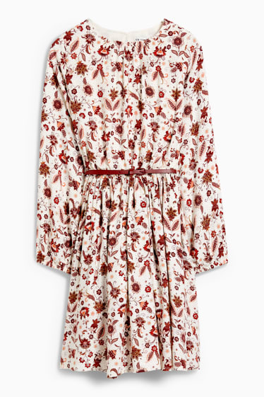 Enfants filles - Robe avec ceinture - à motif - blanc crème